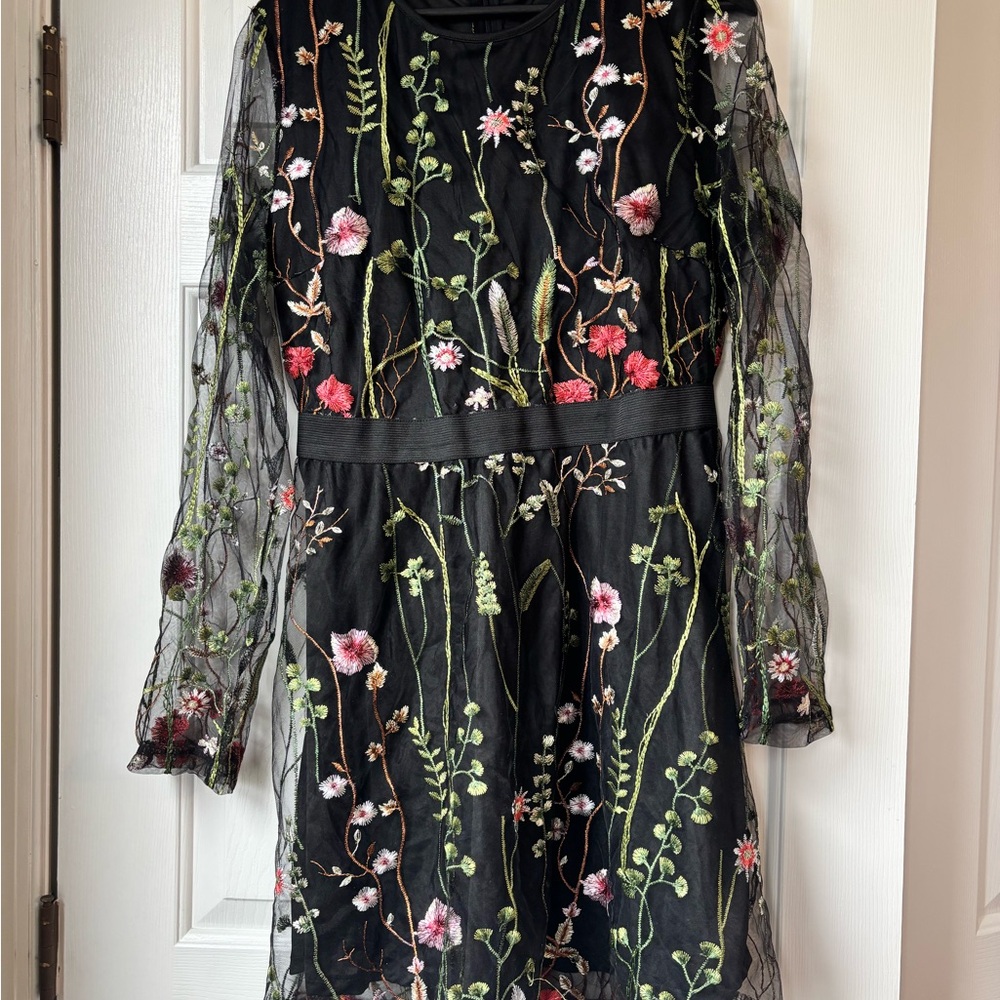 Long sleeve Floral Embroidered Black Dress